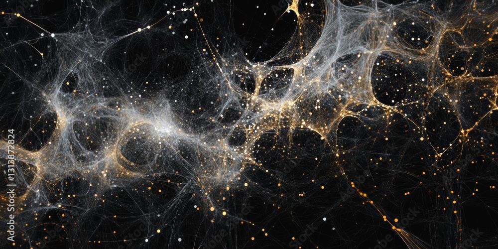 Poster stunning abstract representation of a cosmic network featuring stars and light waves on a dark backg