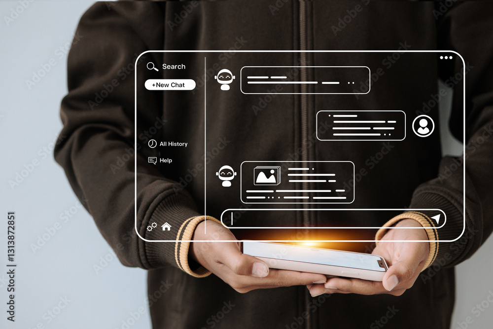 Wall mural a person holds a smartphone displaying a chatbot conversation interface with futuristic ui elements.