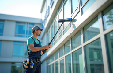 Pro cleaner washes windows of building facade with squeegee. Man in uniform overalls cleaning job with special devices. Building cleaning service. Male worker outside washes skyscraper office glass.