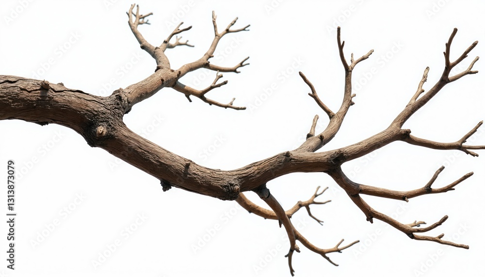 Poster natural brown tree branch isolated on white. bark texture. part of leafless tree without leaves. old