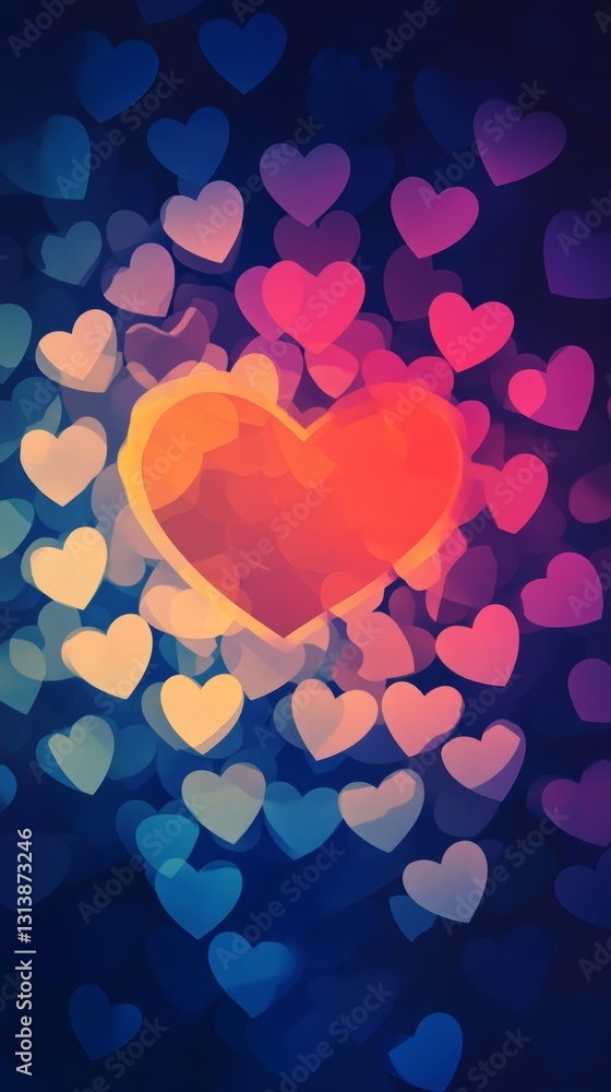 Poster a colorful image of many hearts with a large red heart in the middle. concept of love and warmth
