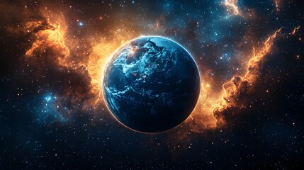 Obraz premium Serene Glowing Planet Earth Floating in Vibrant Galaxy Surrounded by Stars and Nebulae