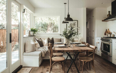 Fototapeta premium Bright Kitchen Interior Design with Rustic Wooden Table and Built in Bench Seating