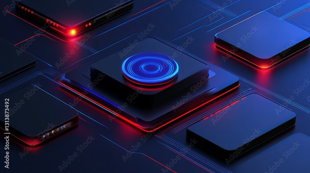 Poster explore an abstract representation of iot data flow, featuring modern devices and vibrant colors. a 