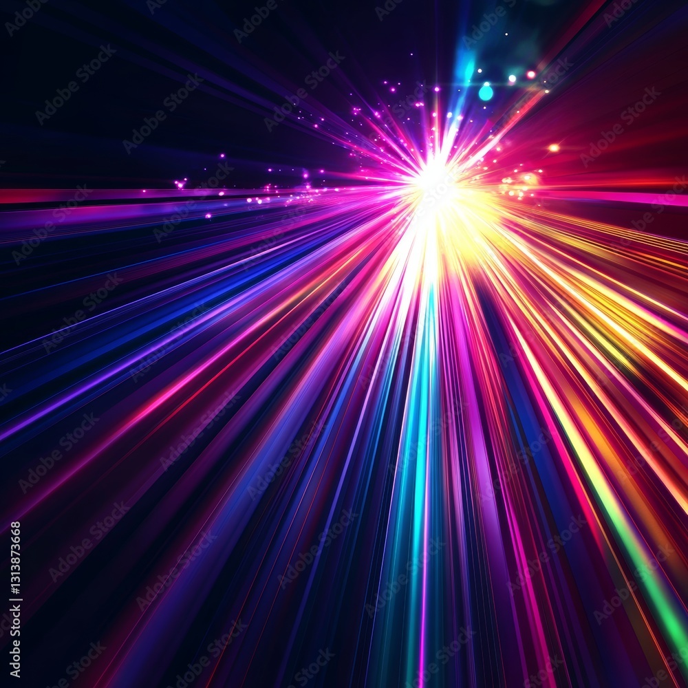 Poster a stunning display of vibrant light rays radiating from a central point, complemented by sparkling e
