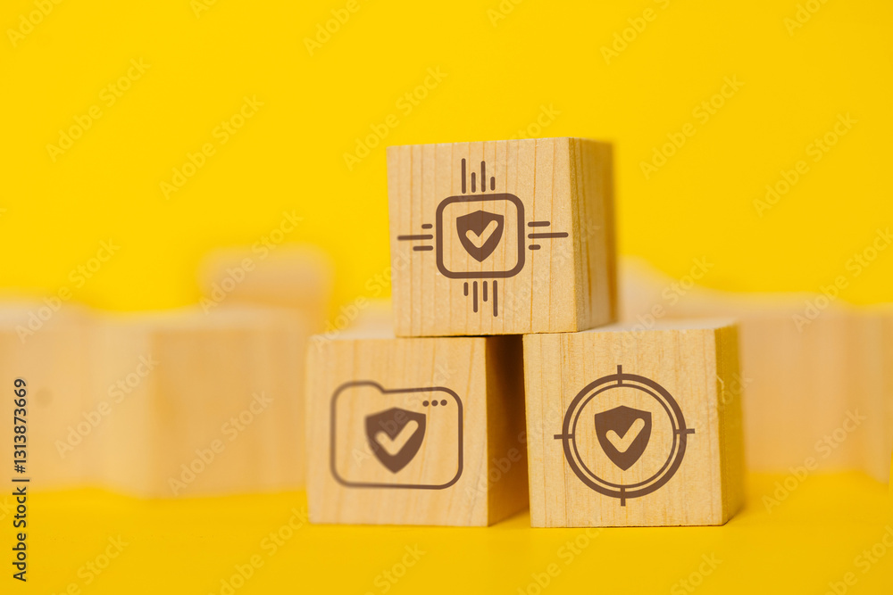 Poster three wooden blocks with security icons, emphasizing data protection layers.