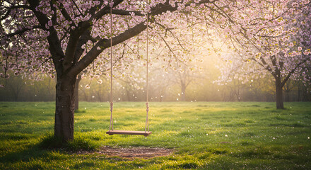 Serene Spring: Wooden Swing Beneath Blossoming Cherry Trees at Golden Hour