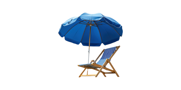 Blue beach umbrella and chair set isolated on transparent background