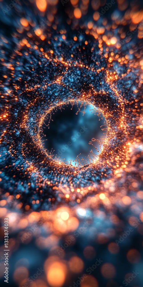 Poster a mesmerizing abstract representation of swirling blue and orange light particles creating a cosmic 