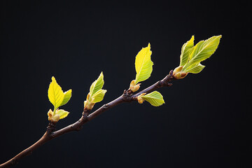 Vibrant spring branch with delicate new yellow leaves on dark background leaf life stem green plant