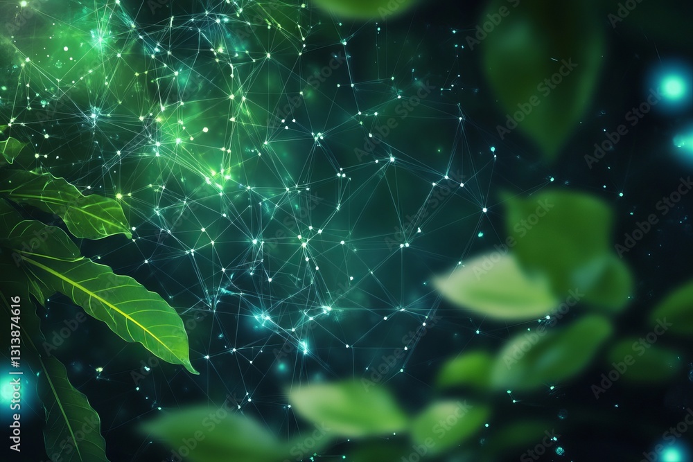 Poster explore the abstract representation of environmental monitoring with green leaves and a digital netw