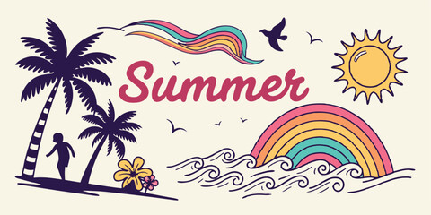 Obraz premium Vintage Summer Beach Surfing Illustration – Tropical Sunset, Waves & Palm Trees