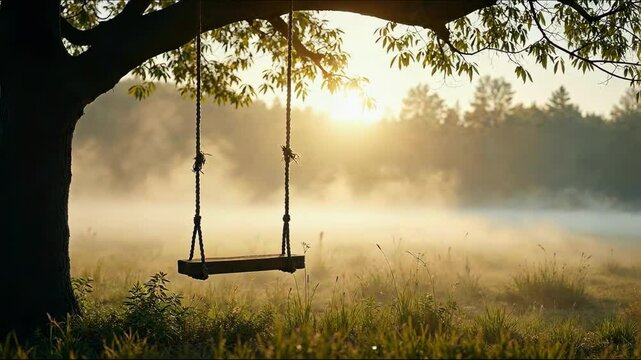 A serene swing hanging from a tree in a misty morning landscape