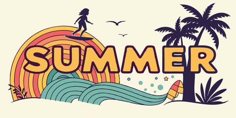 Vintage Summer Beach Surfing Illustration – Tropical Sunset, Waves & Palm Trees