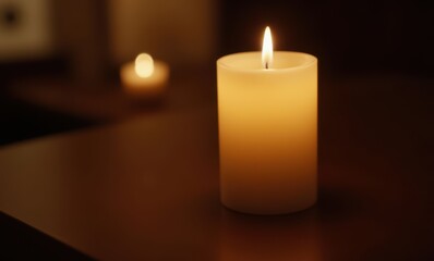 Glowing candle in a dim setting
