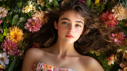 Naklejka premium Beautiful woman lying in vibrant colorful flowers soft romantic spring floral scene girl model young
