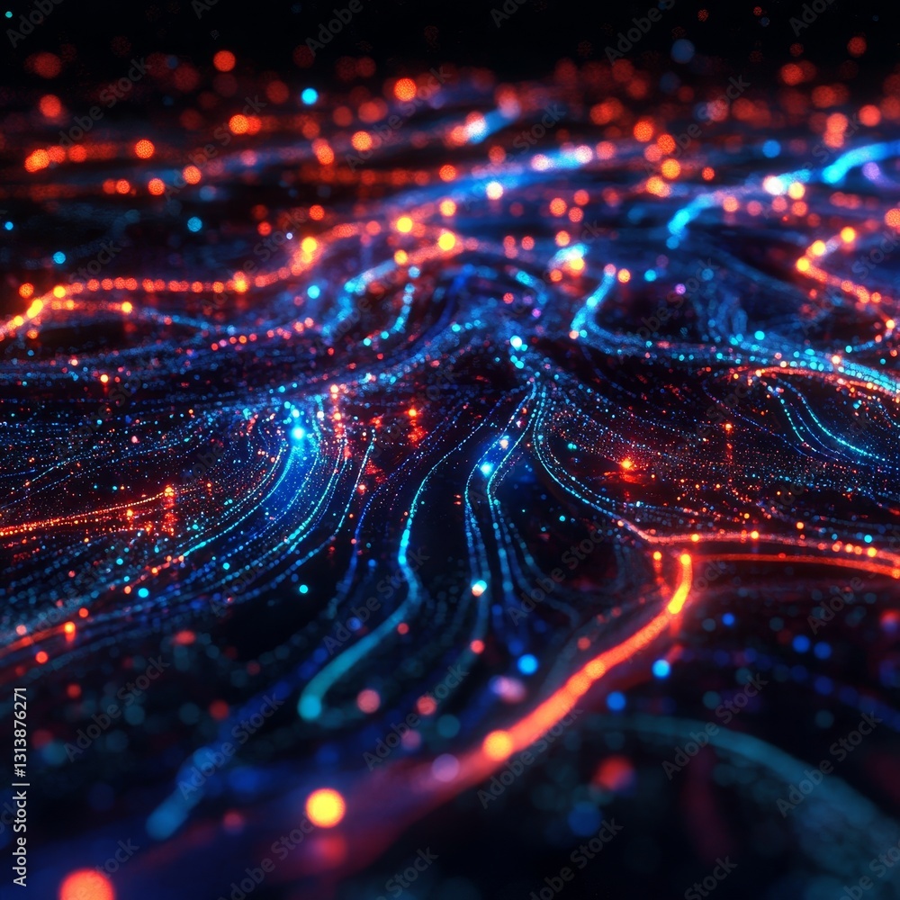 Poster a colorful, abstract image of a cityscape with bright blue and red lines. the image is full of energ