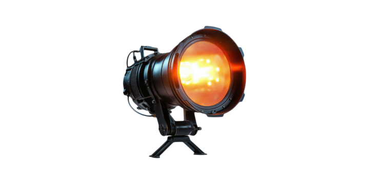 Bright industrial spotlight with orange glow isolated on transparent background