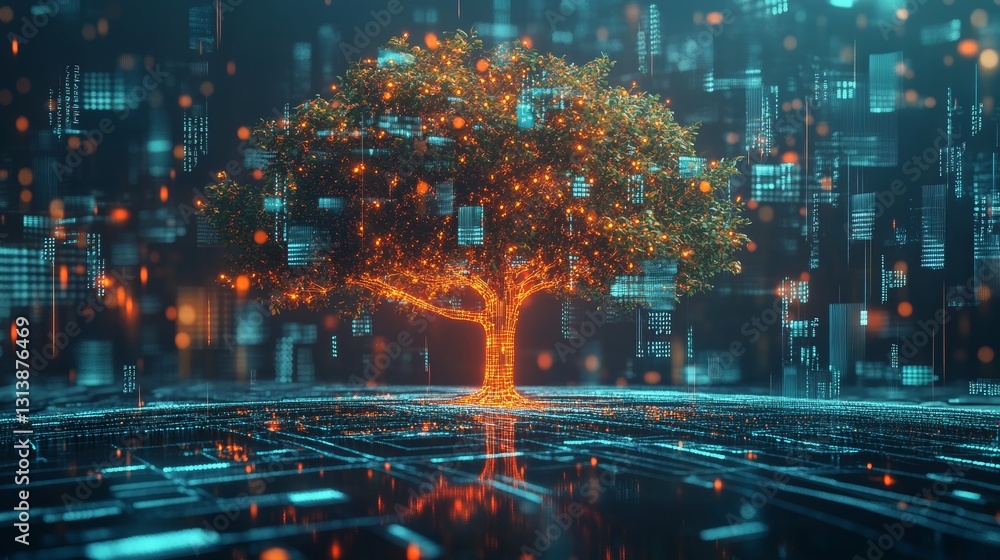 Poster this captivating image features a luminous digital tree surrounded by glowing data and abstract elem
