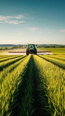 Obraz premium Bright afternoon scene with tractor spraying pesticide in an expansive green wheat field under clear skies