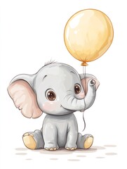 Cute baby elephant holding yellow balloon sitting down