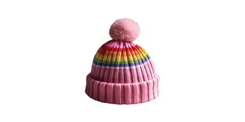 Pink knit hat with rainbow stripes and pom-pom isolated on transparent background