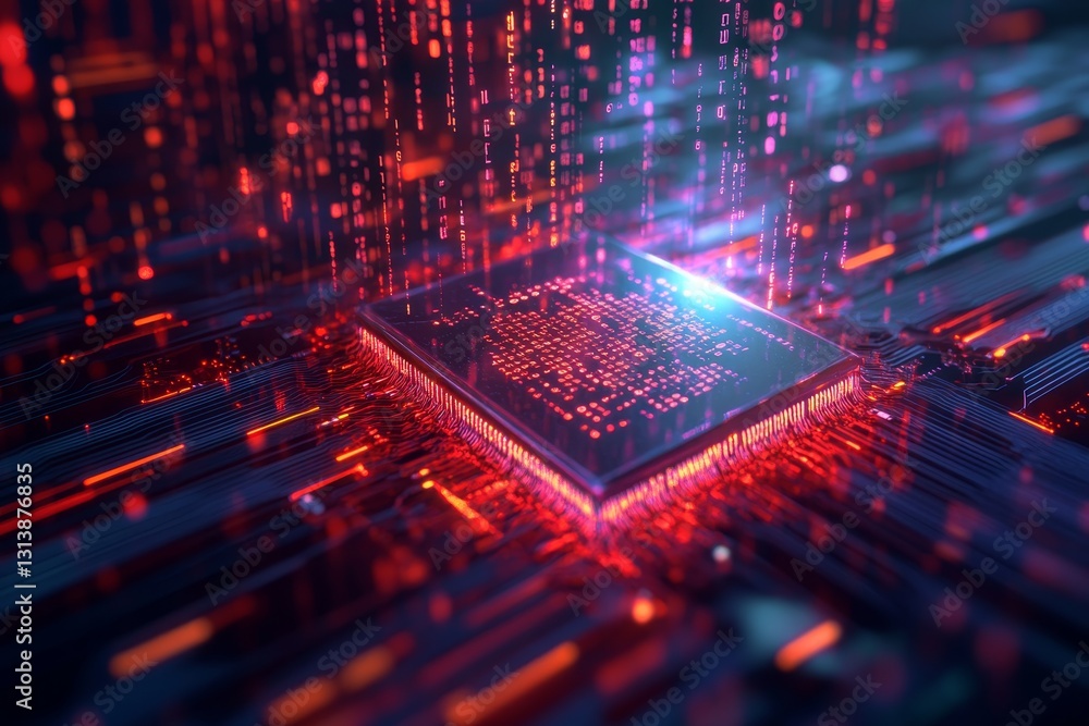 Poster this captivating image features a microchip at the center of a digital data flow, with vibrant color