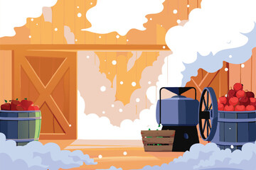 A rustic wooden cider mill in action, churning apples into frothy, golden juice.  Detailed depiction of the mechanism and apples. © derahvana