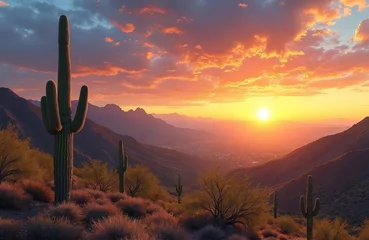 Majestic McDowell Mountains overlook Scottsdale, Arizona at sunset. Saguaro cacti dot the landscape under colorful sky. Sun is setting over valley on southwest wild nature scenery.