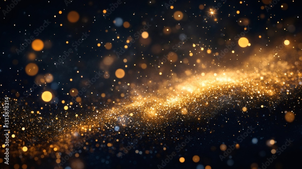 Poster golden glitter dust swirling on black background creating bokeh effect