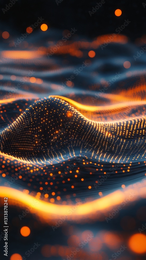 Poster an abstract design showcasing flowing waves of light particles with a glowing orange effect against 