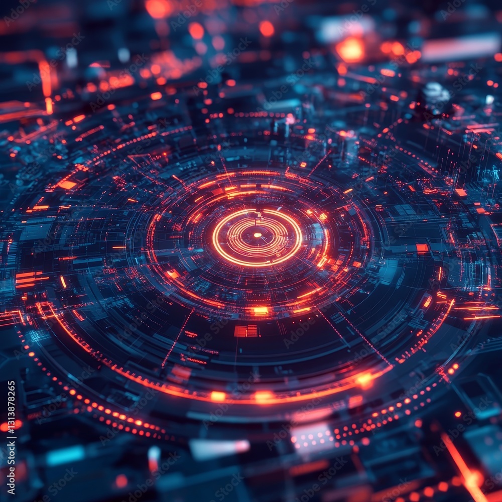 Poster a stunning abstract digital pattern featuring vibrant neon circles and geometric design elements. id
