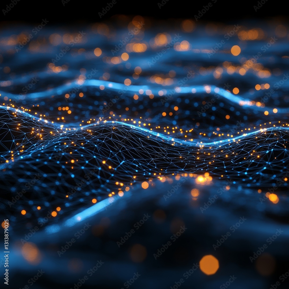 Poster a mesmerizing abstract image depicting digital waves illuminated by glowing particles, representing 
