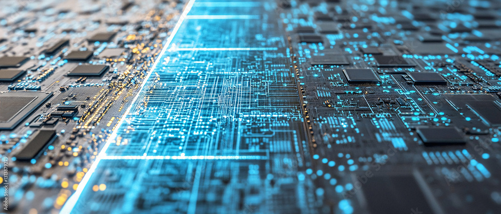 Poster a divided blue circuit board with glowing lines and dark and light sections creating a tech look