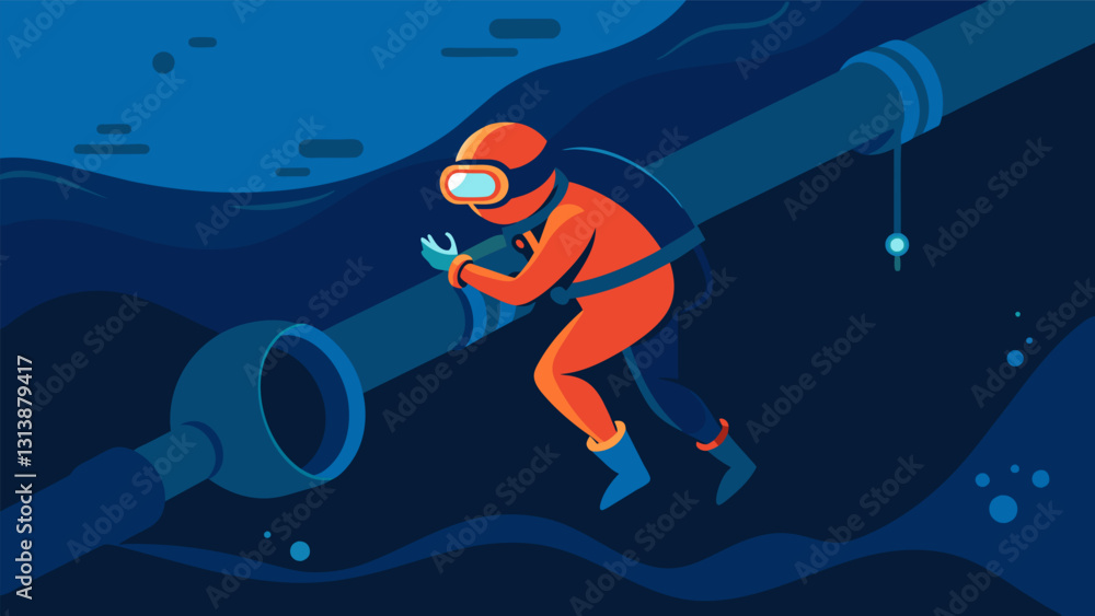 Poster descending into the cold dark waters a diver conducts a thorough inspection of the pipeline checking
