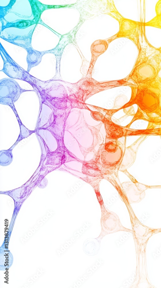Poster this colorful abstract image features a network of interconnected bubbles and lines, creating an org