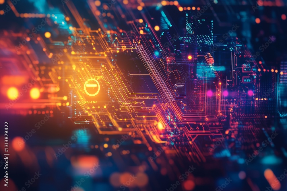 Poster this mesmerizing abstract background features intricate digital circuits in vibrant blue and orange 
