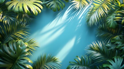 Obraz premium Tropical leaves creating border around vibrant teal background with sunlight