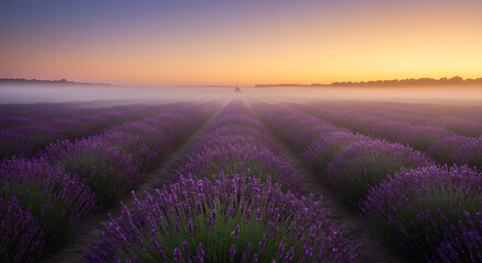 Obraz premium Misty Sunrise over Lavender Rows, Golden Hour Serenity