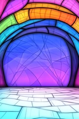 Colorful stained-glass archway leading to abstract blurred outdoor scene, viewed from tiled floor