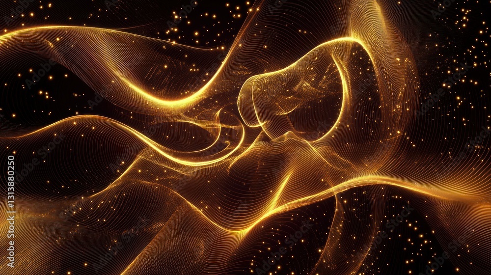 Poster abstract golden flowing lines with particles on a dark background