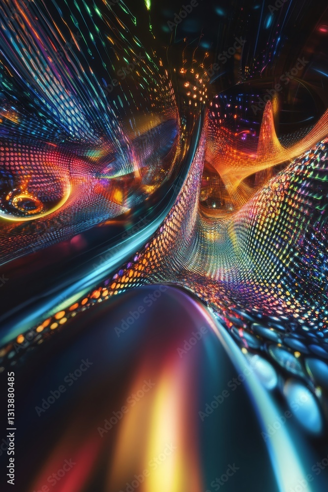 Poster a captivating blend of colorful light waves and abstract patterns, creating a mesmerizing digital en