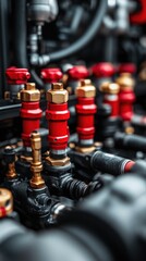 Detailed view of hydraulic connections and valves on modern agricultural machinery