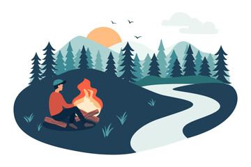 Camping fire, man sitting by the fire near the river with forest and mountains in the background. Man made a fire in nature. Hiking, travel and fishing concept.