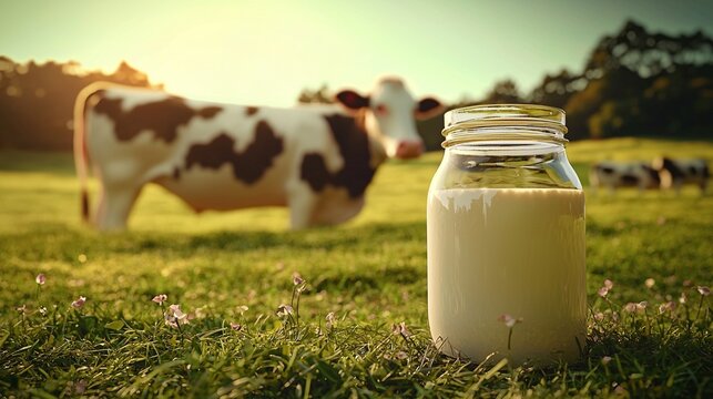 A glass jar of milk on green grass with cows in the background, bathed in warm sunlight. The wide-angle shot captures natural scenery with soft tones, scattered flowers, and a comforting atmosphere. 