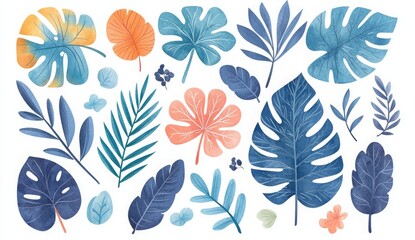 Tropical Watercolor Leaves Set with Vector Illustrations for Art and Design Projects