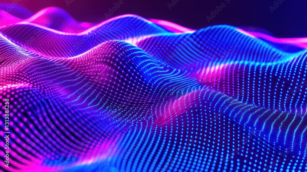 Poster digital abstract illustration featuring illuminated wave shaped particle formations