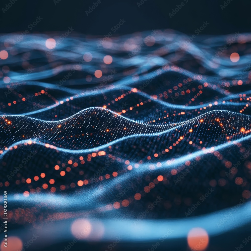 Poster this abstract image depicts waves with glowing dots in a dark background, creating a captivating vis