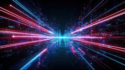 Obraz premium Abstract Digital Data Flow Visualization with Blue and Red Lines in a Futuristic Tunnel