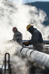Workers conducting routine safety checks on dry steam pipes in an industrial facility for optimal performance and safety.